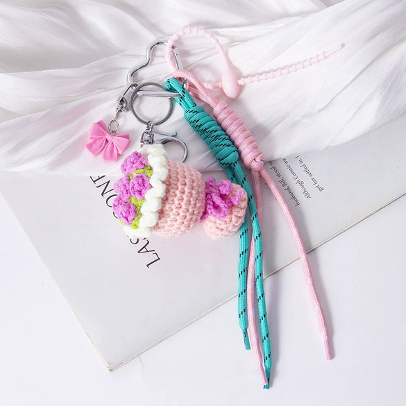 Wholesale Diy Creative Woven Wool And Pu Keychain Bag Hanging Ornaments With Plants Flowers Pattern And Color Printing
