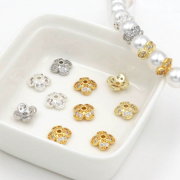 Wholesale Diy Handmade Beads Copper 14K Gold Plated Colorpreserving Microinlaid Zircon Flower Tray Flower Cap Cut Out Petal Spacer Beads Versatile Minimalist
