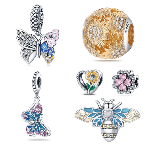 Wholesale Diy Jewelry Accessories 925 Sterling Silver Butterfly Bee Sunflower Chrysanthemum String Beaded Charms With Dripping Oil Treatment