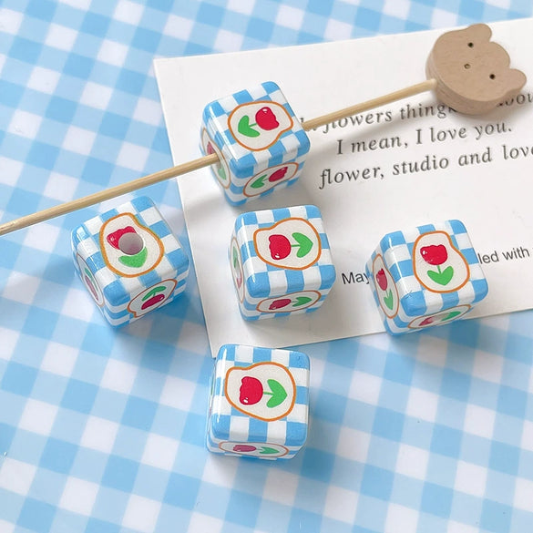 Wholesale Diy Material Plaid Square Tulip Shaped Acrylic Plastic Resin Bead With Printing For Dog Kitty Cat