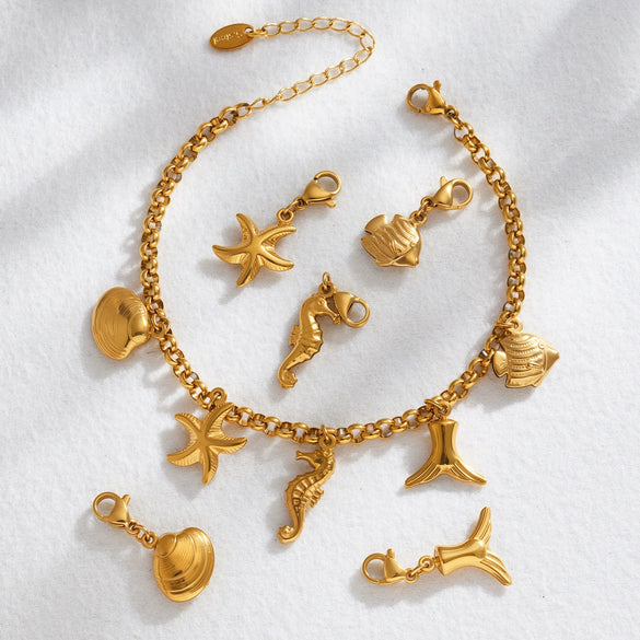 Wholesale Diy Ocean Style Stainless Steel Geometric Ferris Wheel Seahorse Starfish Fish Tail Shell Flying Fish Pendant Bracelet For Women Electroplated