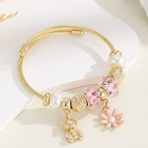 Wholesale Diy Stainless Steel Adjustable Lovers Bracelet With Inlaid Glass Diamond Pendant For Women