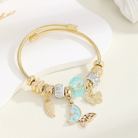 Wholesale Diy Stainless Steel Adjustable Lovers Bracelet With Inlaid Glass Diamond Pendant For Women