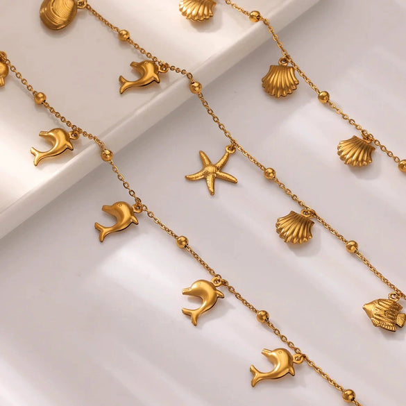 Wholesale Dolphin Starfish Shell Pendant Marine Series Anklet For Women Stainless Steel And Gold Geometric Pattern
