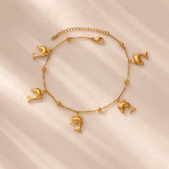 Wholesale Dolphin Starfish Shell Pendant Marine Series Anklet For Women Stainless Steel And Gold Geometric Pattern