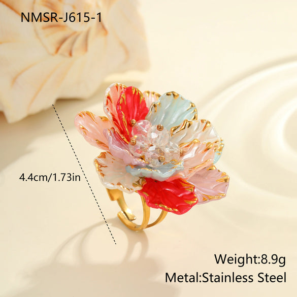 Wholesale Dopamine Colorful Geometric Flower Imitation Pearl Electroplated Stainless Steel Ring For Women