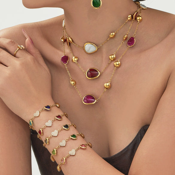 Wholesale Dopamine Jewelry Set Light Luxury Style Stainless Steel Zircon 18K Gold Plated Heart Necklace And Bracelet For Women