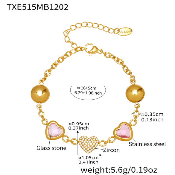 Wholesale Dopamine Jewelry Set Light Luxury Style Stainless Steel Zircon 18K Gold Plated Heart Necklace And Bracelet For Women