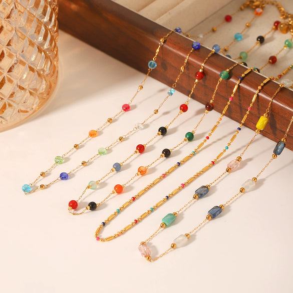 Wholesale Dopamine Necklace Stainless Steel Colorful Beaded Geometric Handmade Clavicle Chain For Women