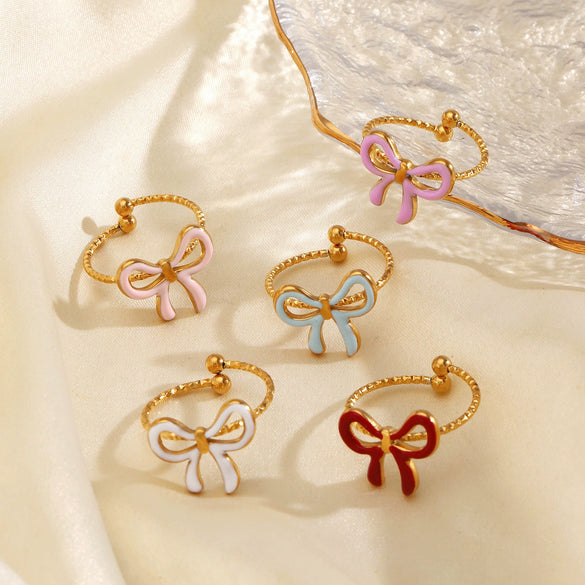 Wholesale Dopamine Oil Drop Bow Shaped Stainless Steel Ring With Electroplating For Women Niche Design