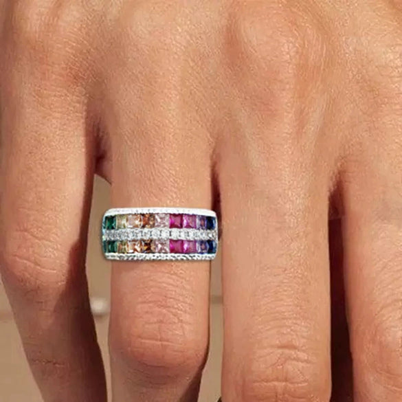 Wholesale Dopamine Rainbow Geometric Zircon Copper Ring For Women Fairy Style Jewelry