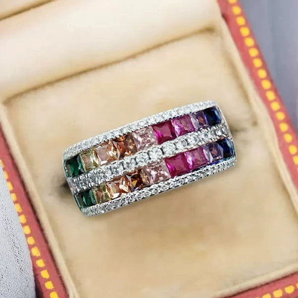 Wholesale Dopamine Rainbow Geometric Zircon Copper Ring For Women Fairy Style Jewelry