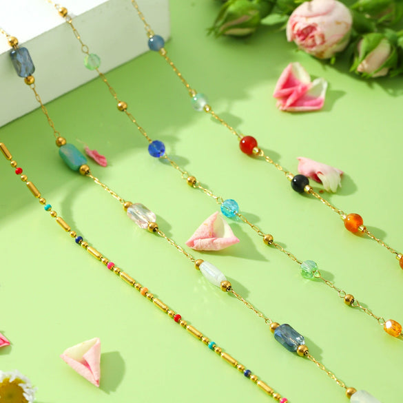 Wholesale Dopamine Women's Clavicle Chain Necklace Handmade With Colorful Natural Stone Beads And Geometric Pattern Stainless Steel