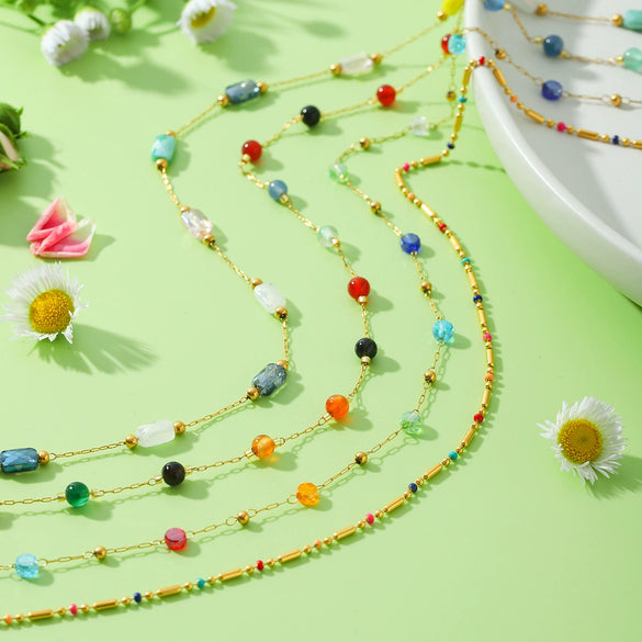 Wholesale Dopamine Women's Clavicle Chain Necklace Handmade With Colorful Natural Stone Beads And Geometric Pattern Stainless Steel