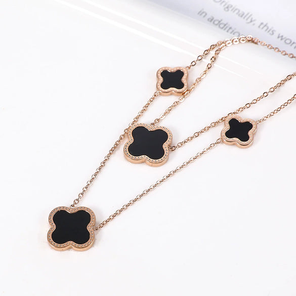 Wholesale Double Chain Titanium Steel Necklace For Women With Four Leaf Clover Pattern And Gold Inlaid Treatment