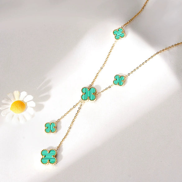 Wholesale Double Chain Titanium Steel Necklace For Women With Four Leaf Clover Pattern And Gold Inlaid Treatment