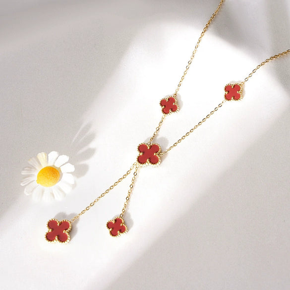 Wholesale Double Chain Titanium Steel Necklace For Women With Four Leaf Clover Pattern And Gold Inlaid Treatment