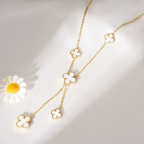 Wholesale Double Chain Titanium Steel Necklace For Women With Four Leaf Clover Pattern And Gold Inlaid Treatment