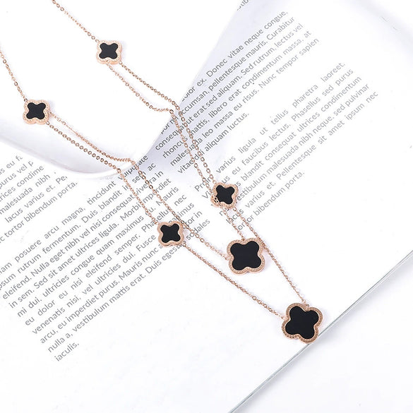 Wholesale Double Chain Titanium Steel Necklace For Women With Four Leaf Clover Pattern And Gold Inlaid Treatment