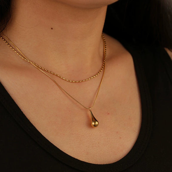 Wholesale Double Chain Titanium Steel Water Drop Shape Electroplated Necklace For Women
