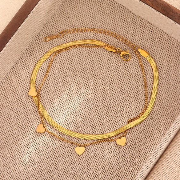 Wholesale Double Layer Love Themed Stainless Steel Anklet With Heart Shaped Butterfly Flower Elements 18K Plated