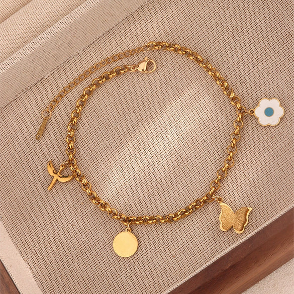 Wholesale Double Layer Love Themed Stainless Steel Anklet With Heart Shaped Butterfly Flower Elements 18K Plated