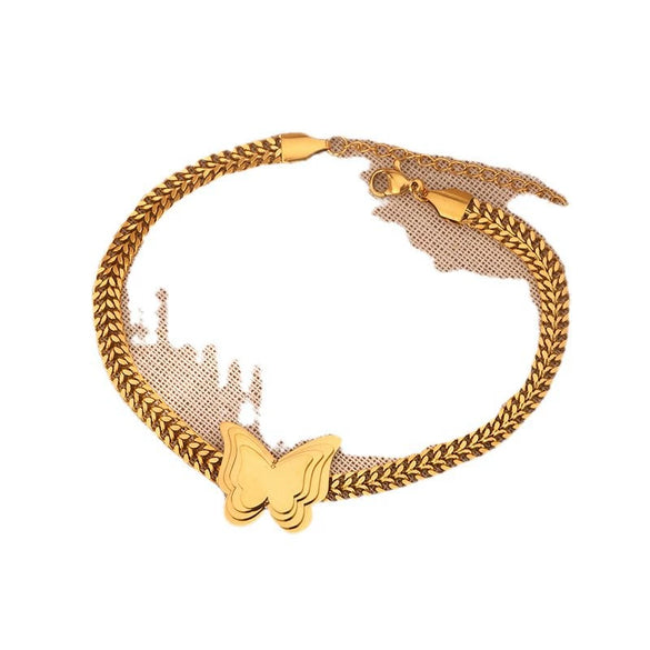 Wholesale Double Layer Love Themed Stainless Steel Anklet With Heart Shaped Butterfly Flower Elements 18K Plated