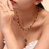 Wholesale Double Layer Natural Stone Beaded Crystal Stone Pendant Necklace With Stainless Steel Clavicle Chain Geometric Style Electroplated