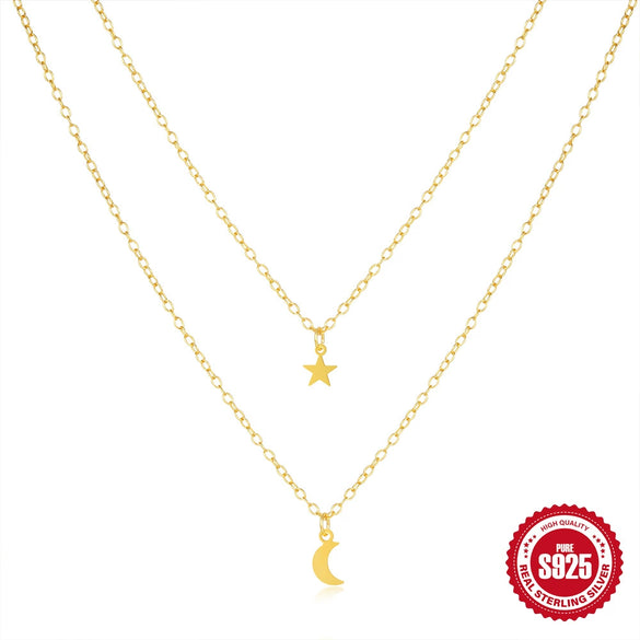 Wholesale Double Layer Stacked Star Moon Necklace In 925 Sterling Silver With Electroplating Treatment For Women