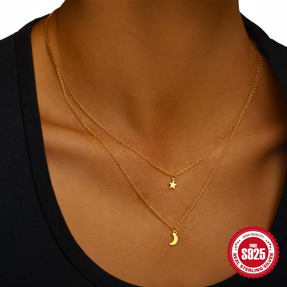 Wholesale Double Layer Stacked Star Moon Necklace In 925 Sterling Silver With Electroplating Treatment For Women