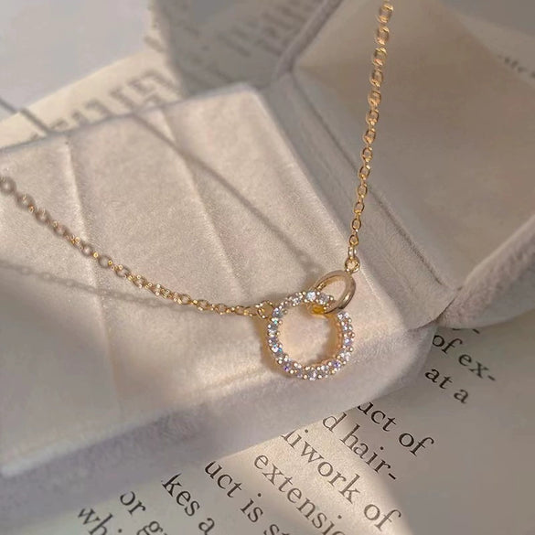 Wholesale Double Ring Necklace 925 Sterling Silver Geometric Interlocking 14K Gold Plated Ochain For Women
