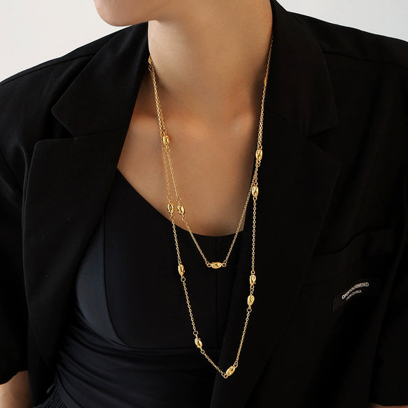 Wholesale Doublelayer Beaded Sweater Chain Light Luxury Titanium Steel Geometric Electroplated Long Necklace For Women