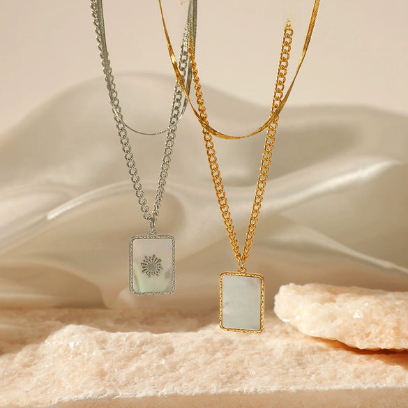 Wholesale Doublelayer Geometric Square Shell Necklace For Women Stainless Steel And Titanium Steel Electroplated Design