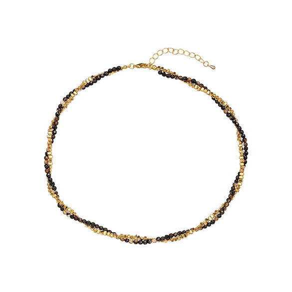 Wholesale Doublelayer Natural Stone And Titanium Steel Clavicle Chain Set For Women Handbeaded With Black Onyx And Geometric Pattern Electroplated