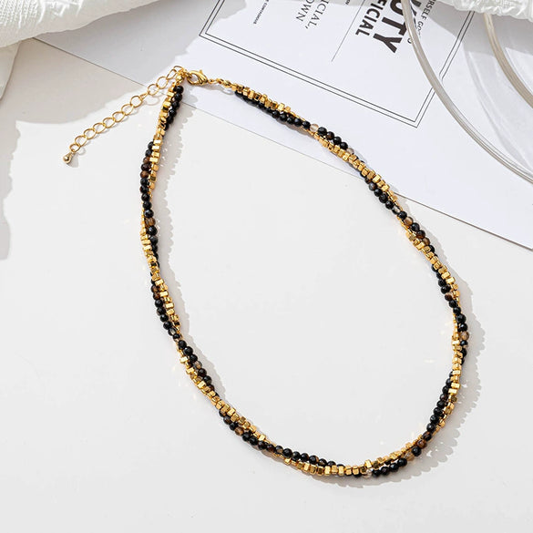 Wholesale Doublelayer Natural Stone And Titanium Steel Clavicle Chain Set For Women Handbeaded With Black Onyx And Geometric Pattern Electroplated