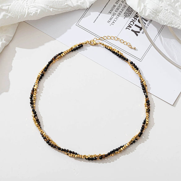 Wholesale Doublelayer Natural Stone And Titanium Steel Clavicle Chain Set For Women Handbeaded With Black Onyx And Geometric Pattern Electroplated