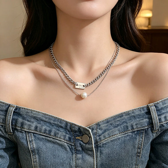 Wholesale Doublelayer Pearl Titanium Steel Women's Necklace With Laser Engraved Letters Numbers Text In Rose Gold Cuban Chain Style