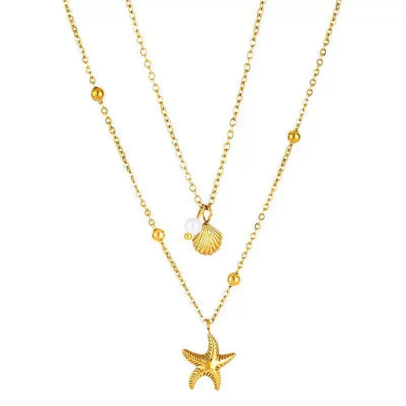 Wholesale Doublelayer Starfish Shell Clavicle Chain Necklace For Women With Animal Zodiac Patterns Made Of Titanium Steel And Electroplated