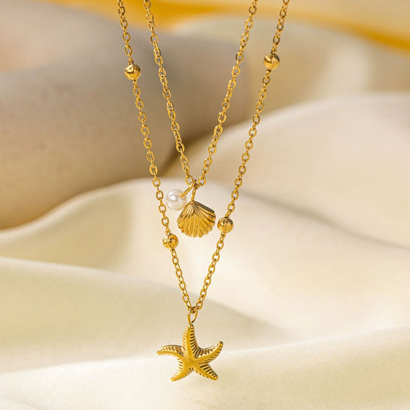 Wholesale Doublelayer Starfish Shell Clavicle Chain Necklace For Women With Animal Zodiac Patterns Made Of Titanium Steel And Electroplated