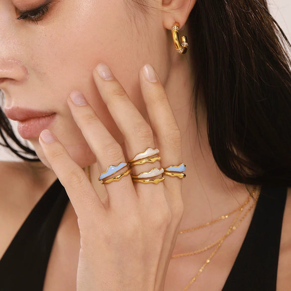 Wholesale Doublelayer Wave Stainless Steel Gold Plated Electroplated Geometric Light Luxury Women's Jewelry Ring