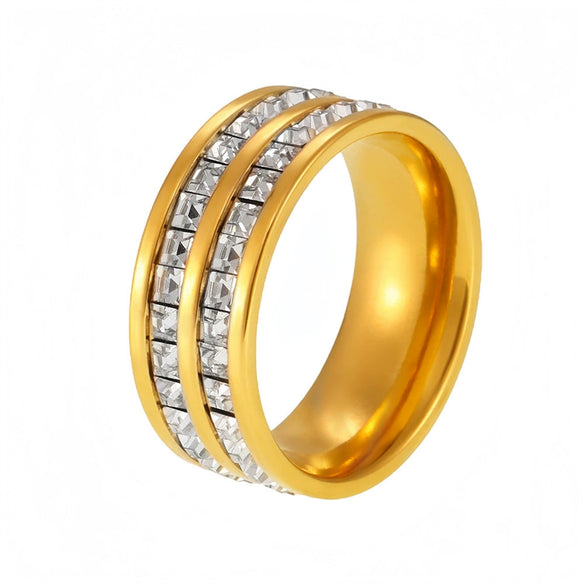 Wholesale Doublelayer Zircon Food Finger Ring In Light Luxury Style Made Of Stainless Steel With 18K Real Gold Plated And Geometric Shape