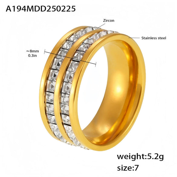 Wholesale Doublelayer Zircon Food Finger Ring In Light Luxury Style Made Of Stainless Steel With 18K Real Gold Plated And Geometric Shape