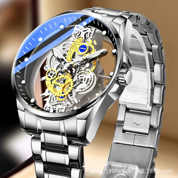 Wholesale Doublesided Hollowout Fullautomatic Men's Watch Alloy Stainless Steel Mineral Strengthened Glass Mirror Round Business Style Waterproof Luminous