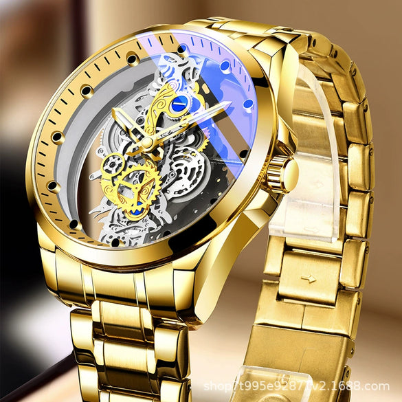 Wholesale Doublesided Hollowout Fullautomatic Men's Watch Alloy Stainless Steel Mineral Strengthened Glass Mirror Round Business Style Waterproof Luminous