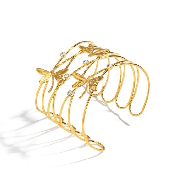 Wholesale Dragonfly Open Bracelet Stainless Steel 18K Gold Plated Elegant Animal Style Hand Accessory