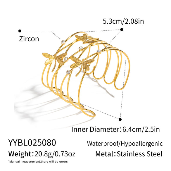 Wholesale Dragonfly Open Bracelet Stainless Steel 18K Gold Plated Elegant Animal Style Hand Accessory