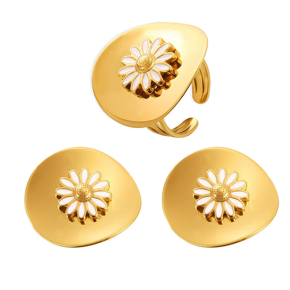 Wholesale Dripping Oil Daisy Disc Ring Earrings Set In Stainless Steel With 18K Gold Plated Electroplating In Vintage Pastoral Style