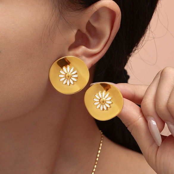 Wholesale Dripping Oil Daisy Disc Ring Earrings Set In Stainless Steel With 18K Gold Plated Electroplating In Vintage Pastoral Style