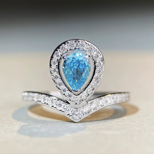 Wholesale Drop Shape Crown Ring 925 Sterling Silver Aquamarine Pearshaped Electroplated With Zircon And High Carbon Diamond