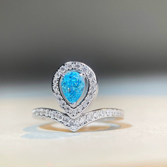 Wholesale Drop Shape Crown Ring 925 Sterling Silver Aquamarine Pearshaped Electroplated With Zircon And High Carbon Diamond